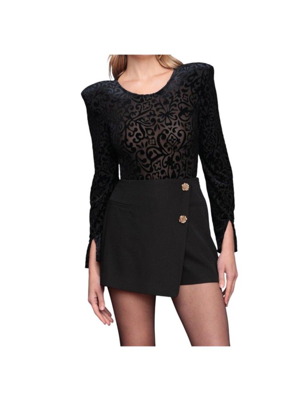NWT Avec Les Filles Black Floral Velvet Mesh Long Sleeve Bodysuit XL MSRP $88